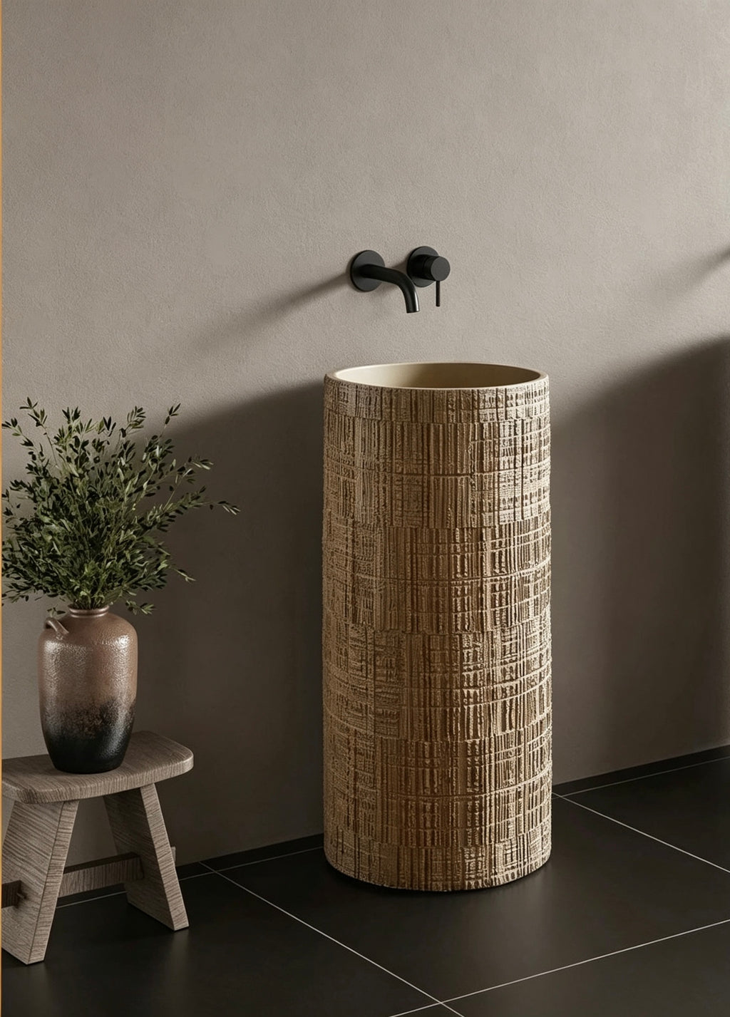 Textured Cylindrical Pedestal Sink | Warm Sand Artificial Stone Freestanding Basin with Free Custom Drilling