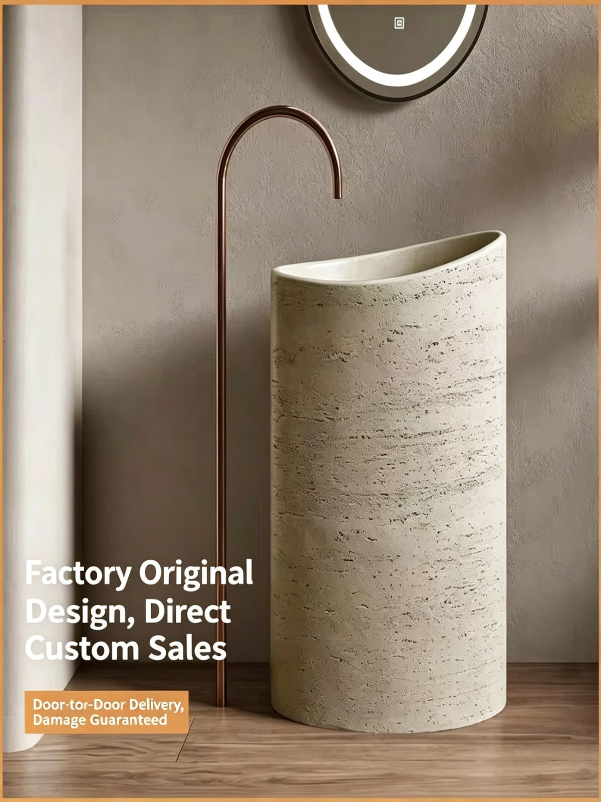 Oval Pedestal Sink | Egg-Shaped Slanted Rim Travertine Artificial Stone Freestanding Basin