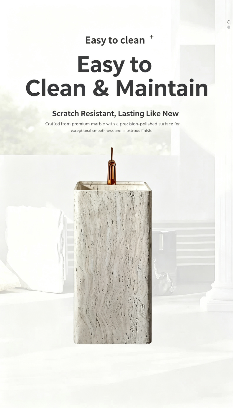 Silver Travertine Pedestal Sink | Wood Grain Rounded Square Basin