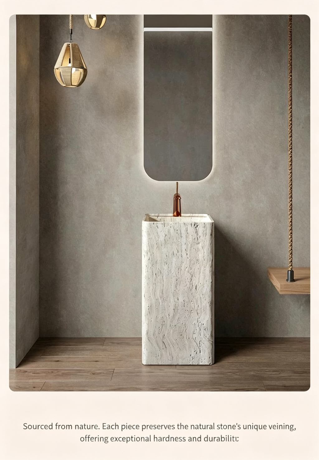 Silver Travertine Pedestal Sink | Wood Grain Rounded Square Basin