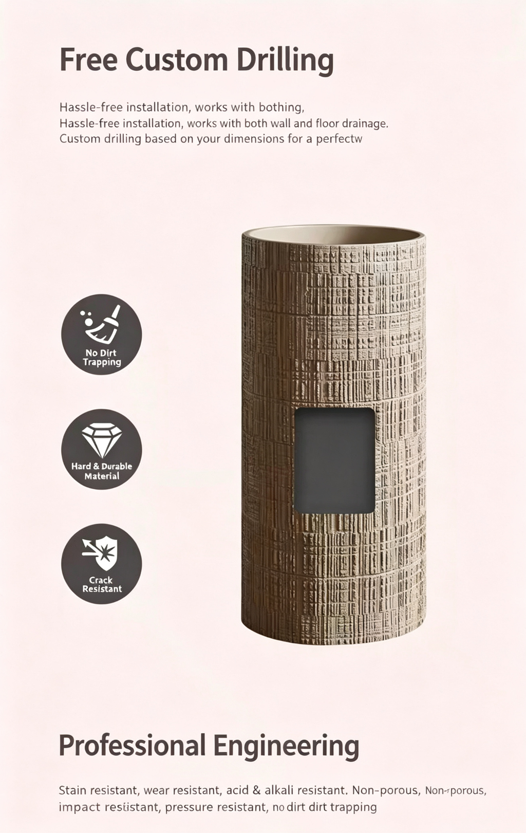 Textured Cylindrical Pedestal Sink | Warm Sand Artificial Stone Freestanding Basin with Free Custom Drilling