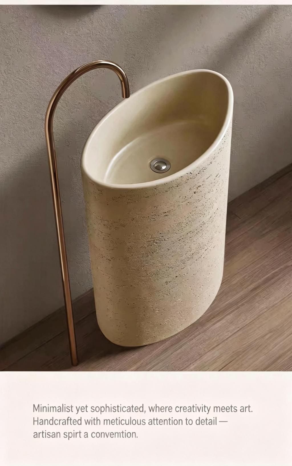 Oval Pedestal Sink | Egg-Shaped Slanted Rim Travertine Artificial Stone Freestanding Basin