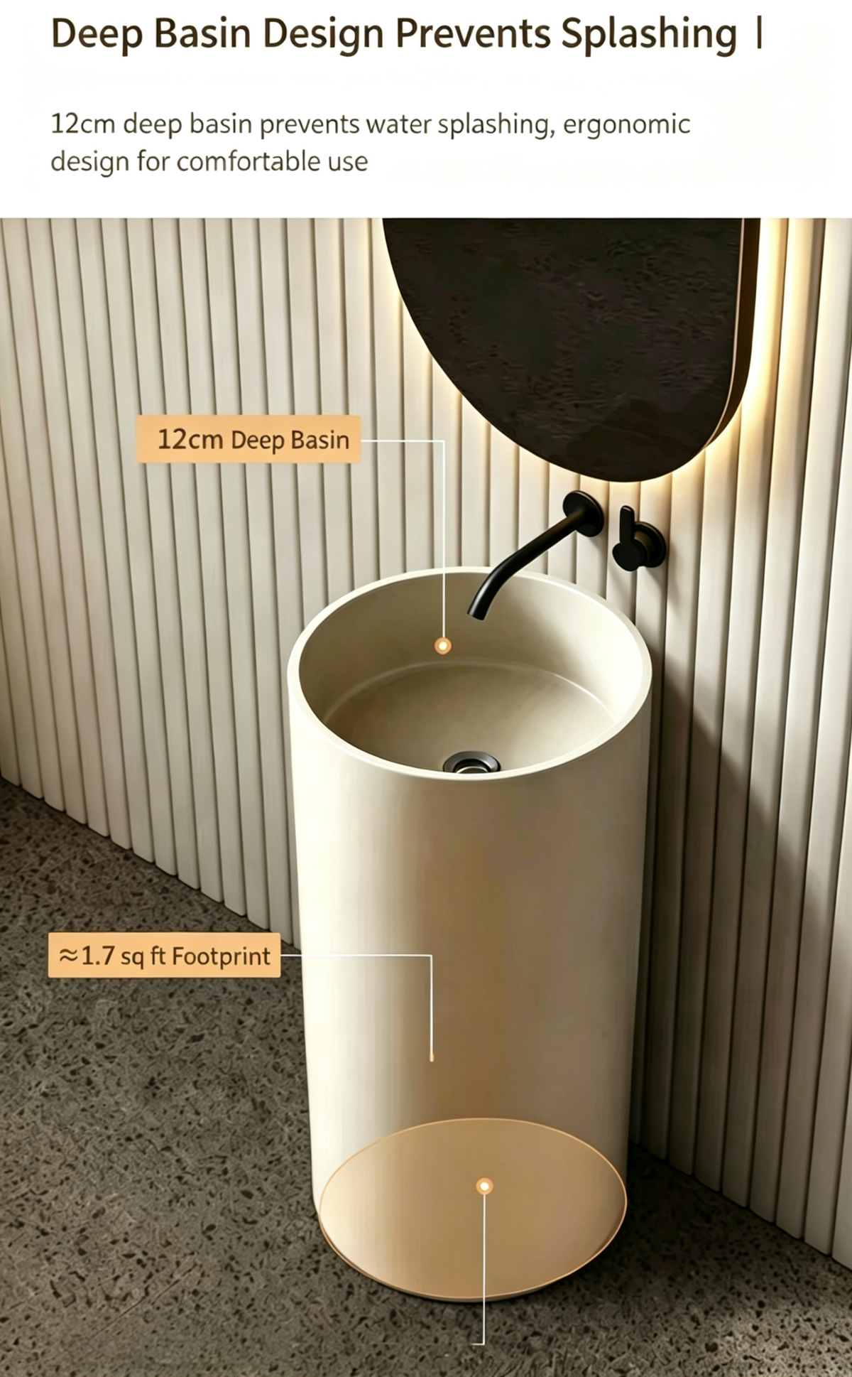 Small Cylindrical Pedestal Sink for Powder Room | Cream Artificial Stone Freestanding Basin