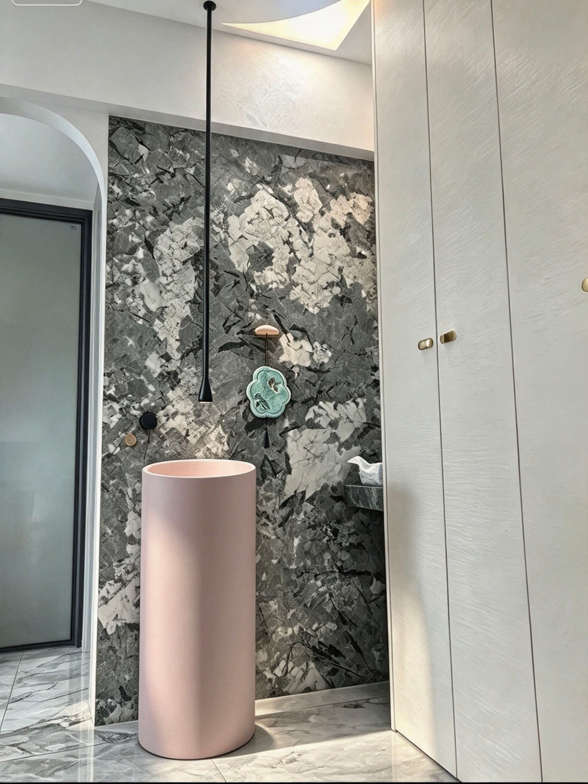 Matte Pink Pedestal Sink | Artificial Stone Cylindrical Freestanding Basin