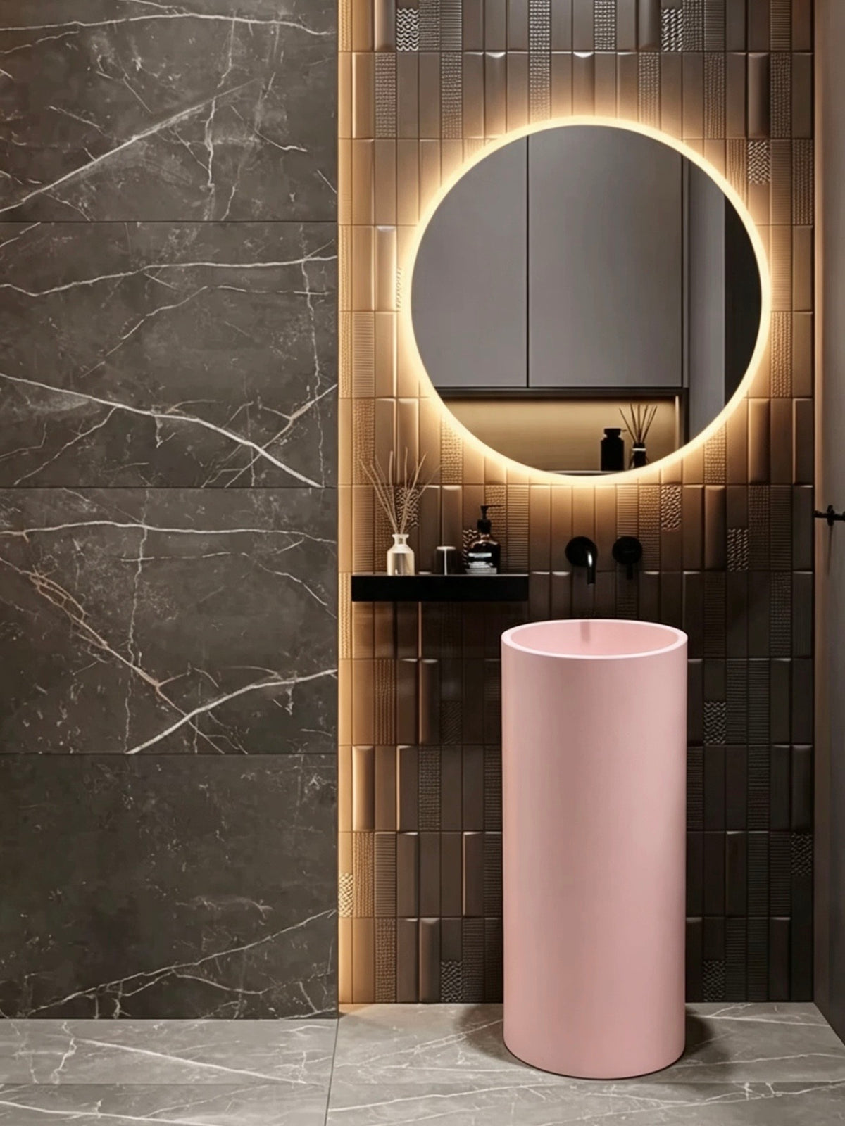 Matte Pink Pedestal Sink | Artificial Stone Cylindrical Freestanding Basin