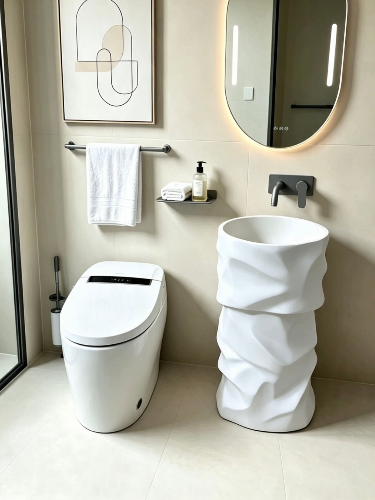 Sculptural Pedestal Sink | Wave Texture White Freestanding Basin