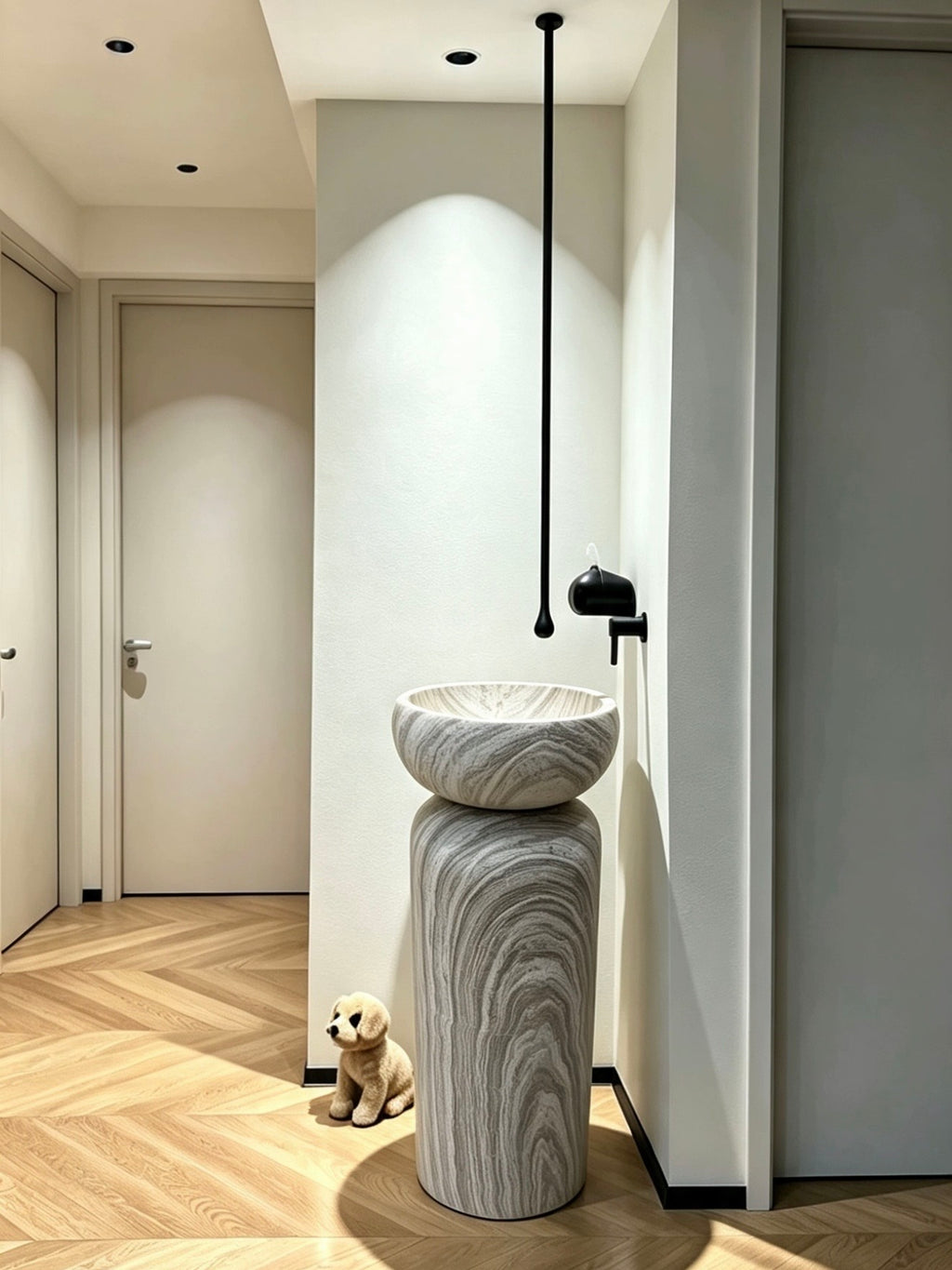 Mushroom Bowl Pedestal Sink | Grey White Striped Freestanding Basin