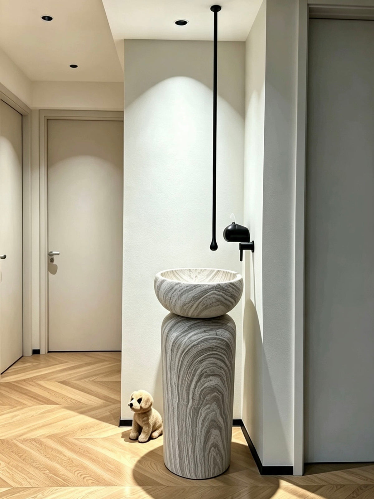 Mushroom Bowl Pedestal Sink | Grey White Striped Freestanding Basin