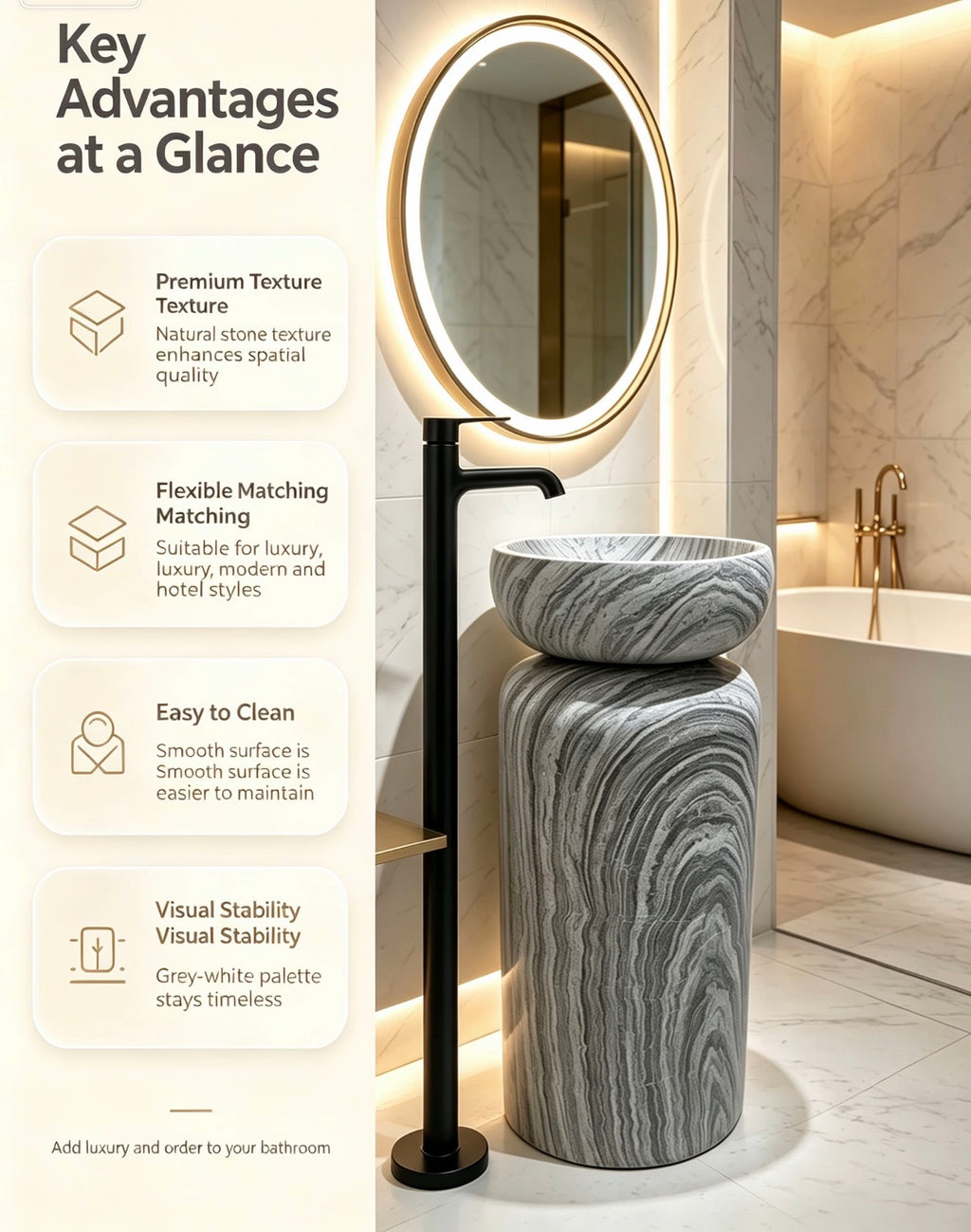 Mushroom Bowl Pedestal Sink | Grey White Striped Freestanding Basin