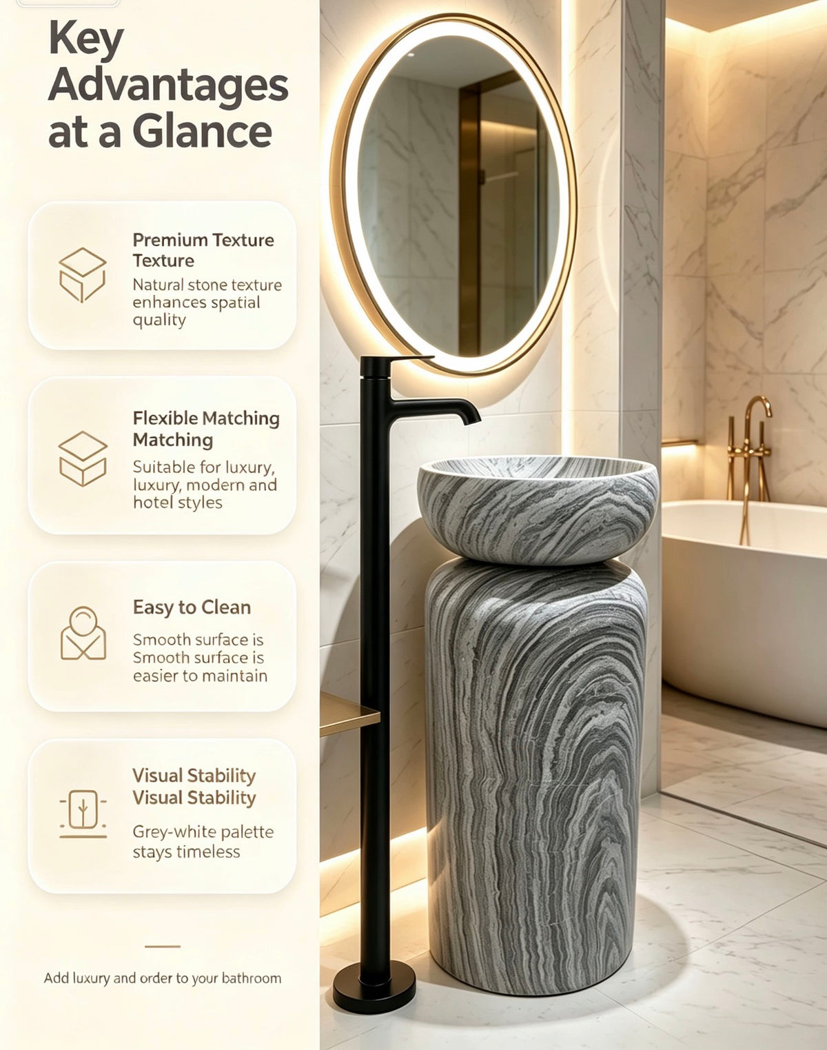 Mushroom Bowl Pedestal Sink | Grey White Striped Freestanding Basin