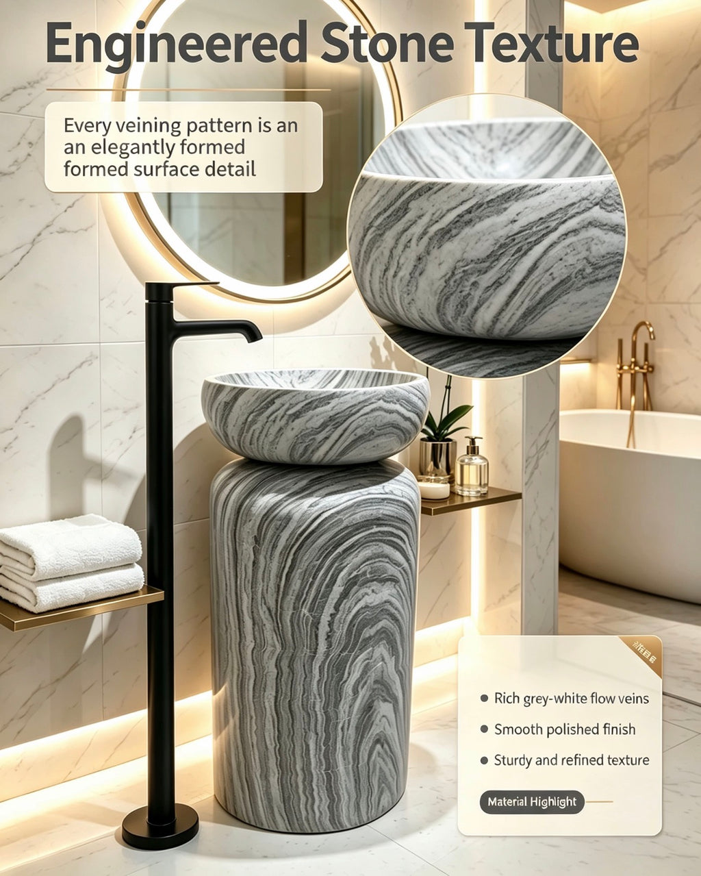 Mushroom Bowl Pedestal Sink | Grey White Striped Freestanding Basin