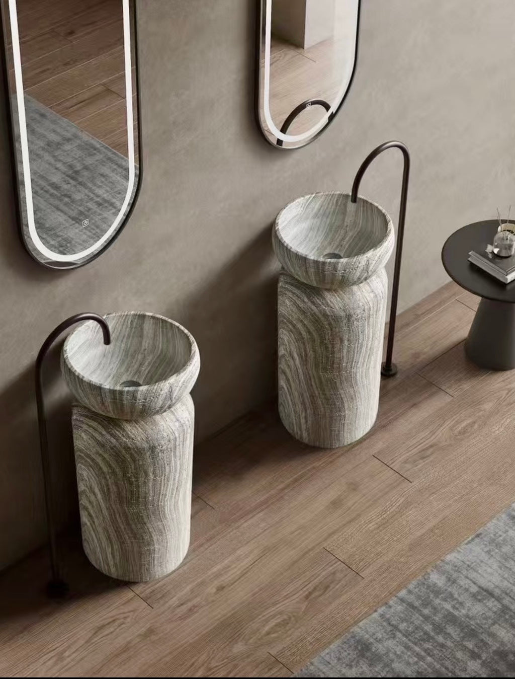 Mushroom Bowl Pedestal Sink | Grey White Striped Freestanding Basin