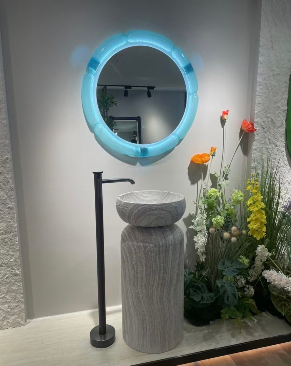 Mushroom Bowl Pedestal Sink | Grey White Striped Freestanding Basin