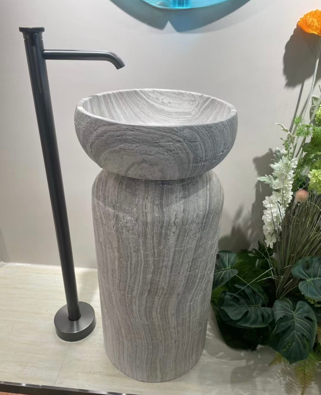 Mushroom Bowl Pedestal Sink | Grey White Striped Freestanding Basin