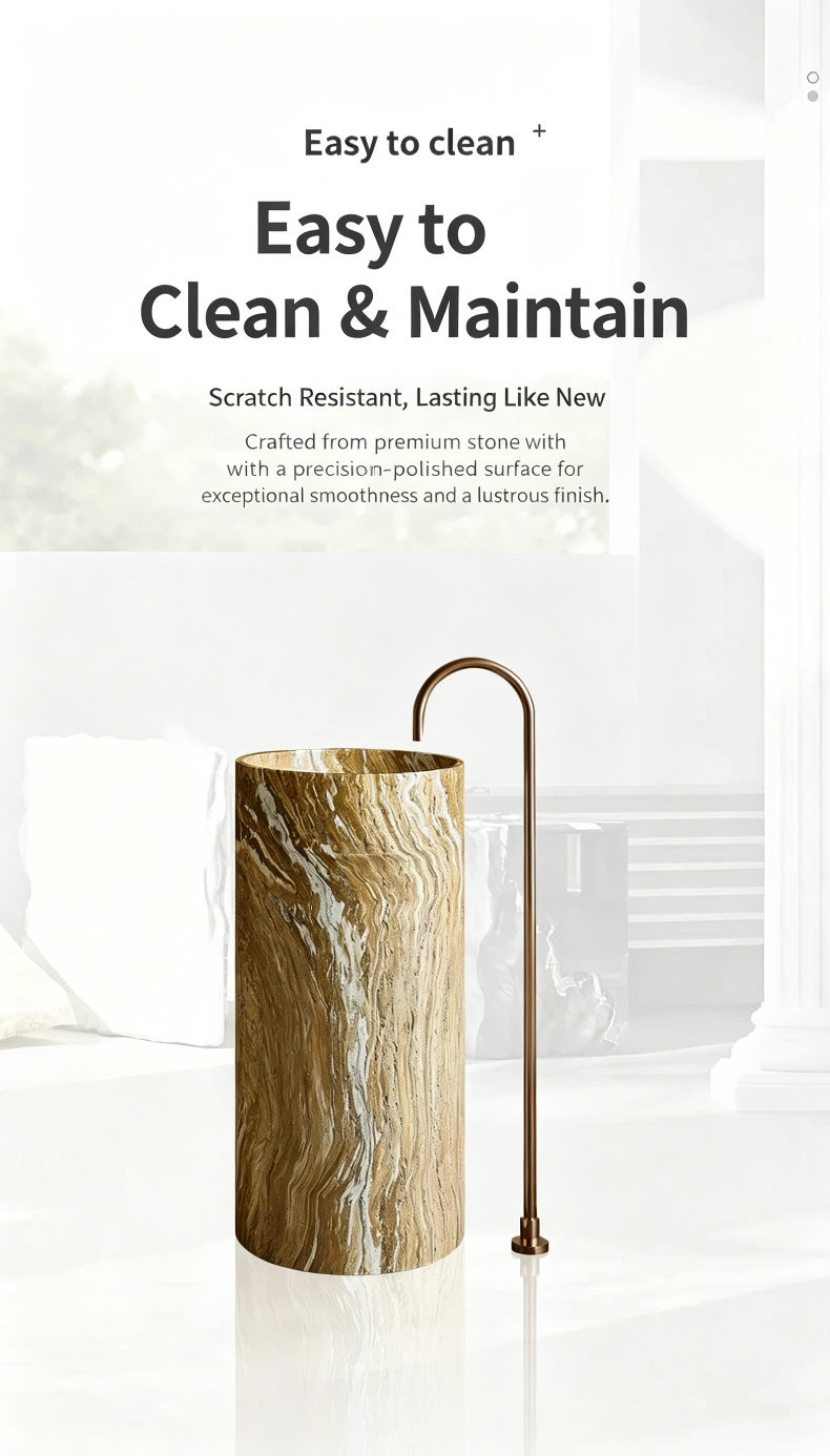Warm Brown Pedestal Sink | Marble Vein Cylindrical Freestanding Basin