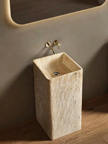 Travertine Pedestal Sink | Warm Cream Artificial Stone Freestanding Basin for Wall-Mount Faucet