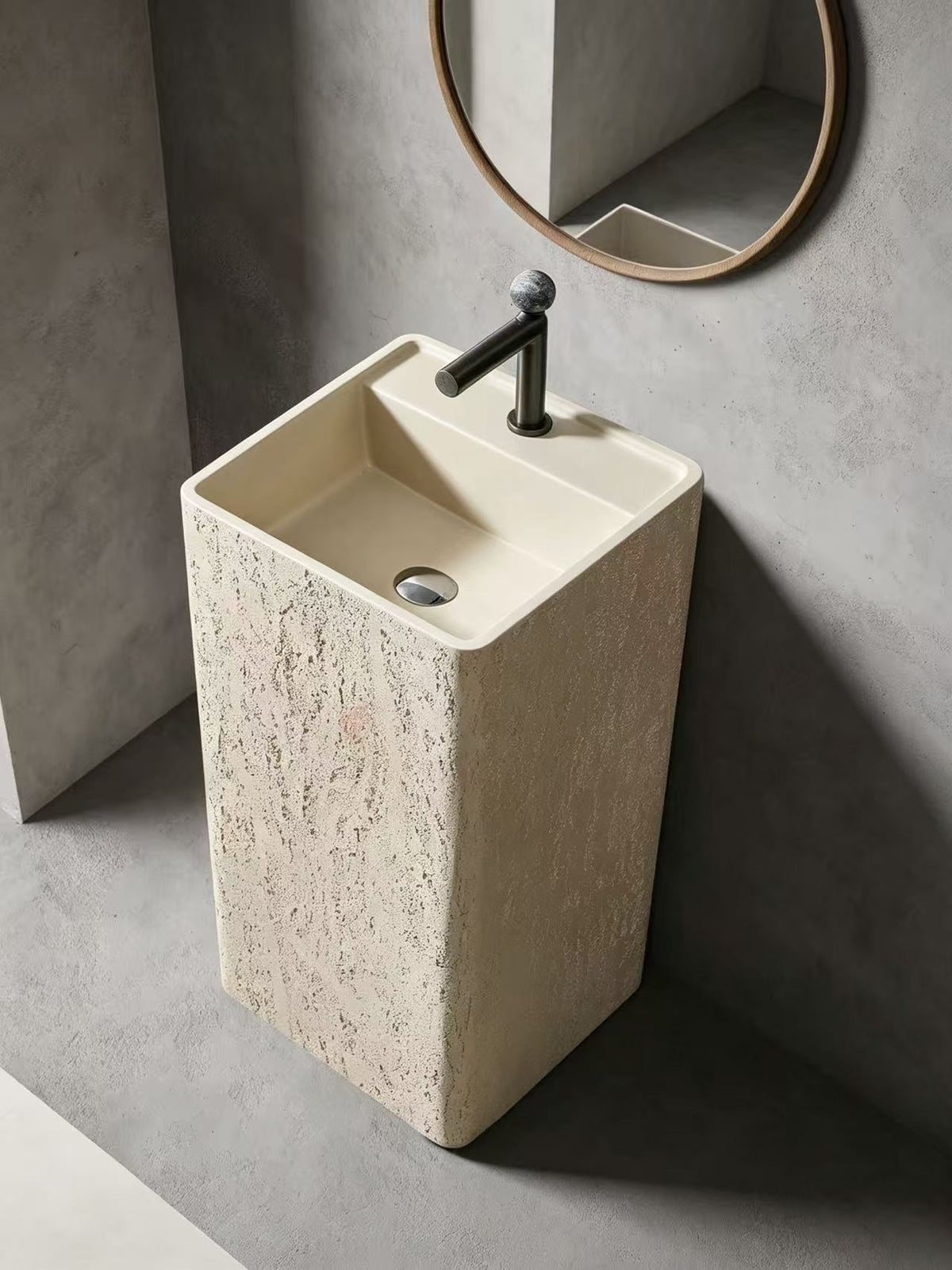 Japandi Pedestal Sink | Rough Travertine Square Freestanding Basin