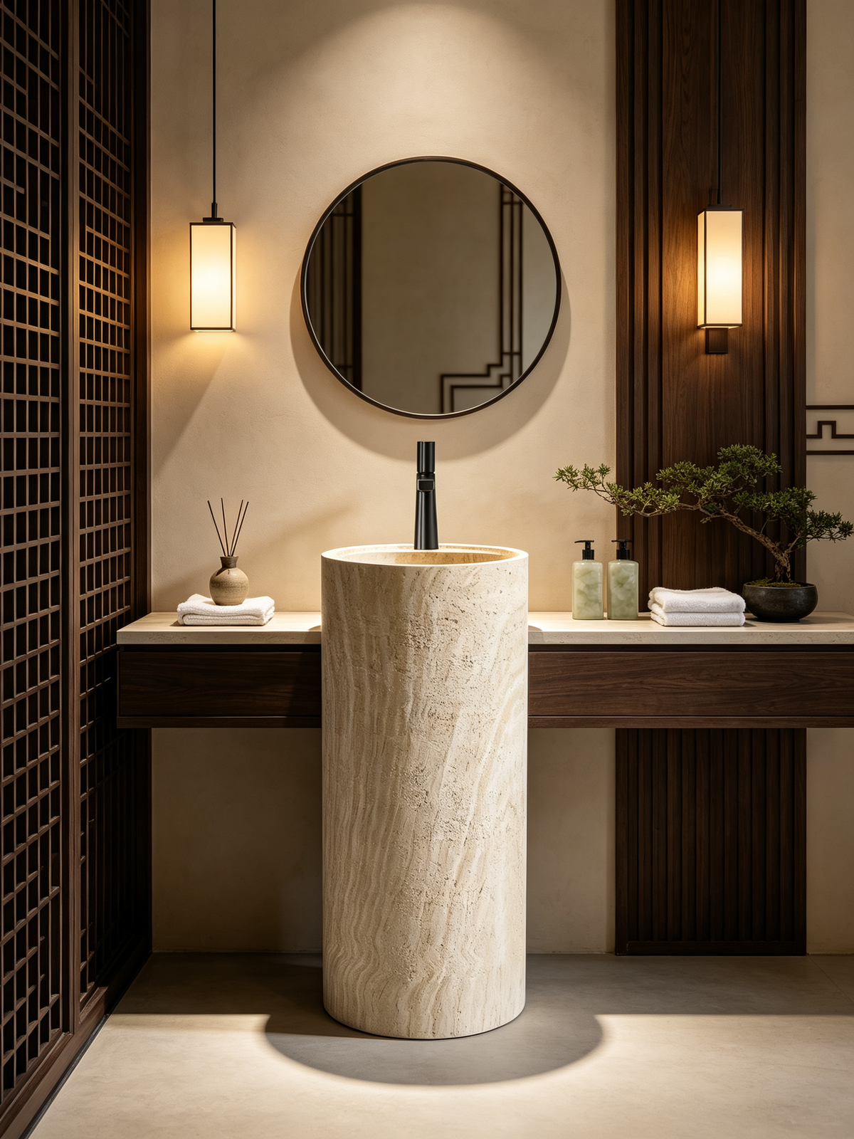 Natural Beige Pedestal Sink | Nano Stone Travertine Cylindrical Basin