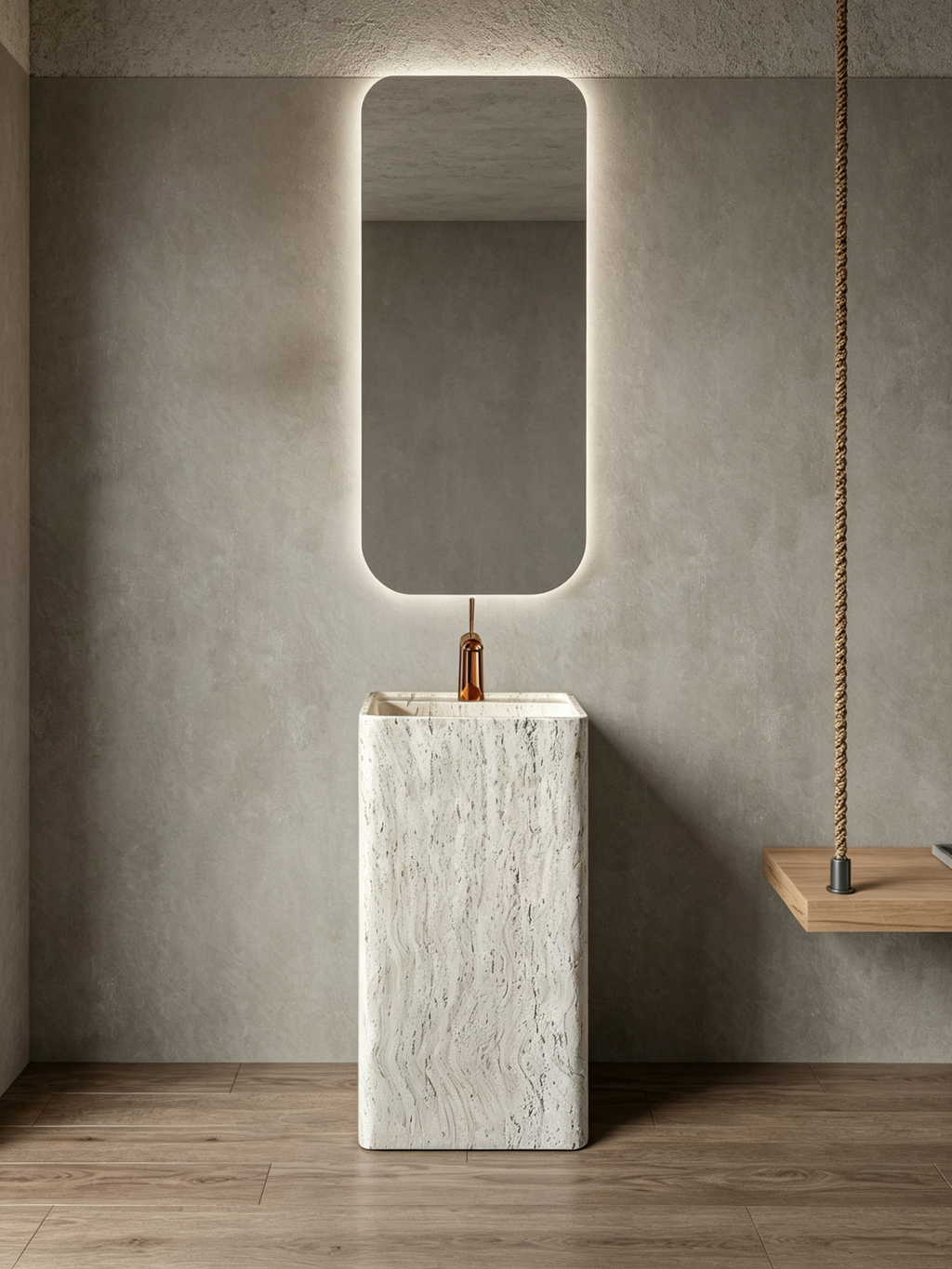 Silver Travertine Pedestal Sink | Wood Grain Rounded Square Basin