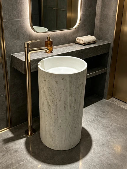 Travertine Wood Pedestal Sink | White Cylindrical Freestanding Basin