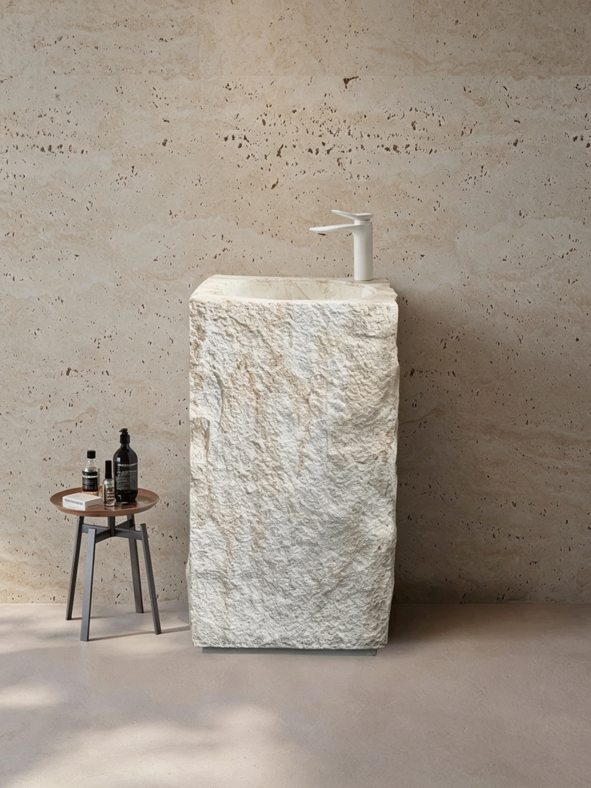 Chiseled Rock Pedestal Sink | Smooth Rim Artificial Stone Freestanding Basin