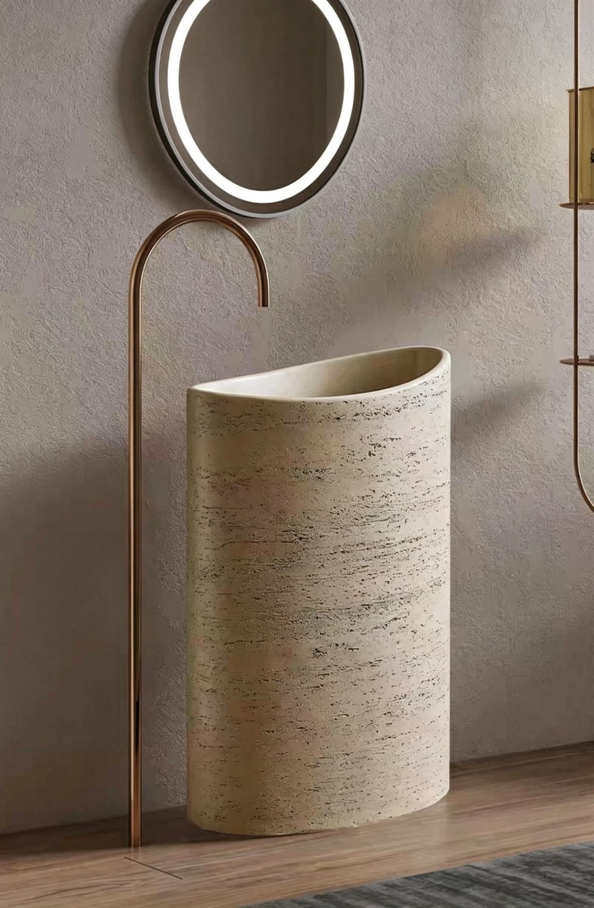 Oval Pedestal Sink | Egg-Shaped Slanted Rim Travertine Artificial Stone Freestanding Basin