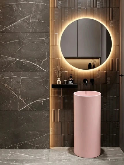 Matte Pink Pedestal Sink | Artificial Stone Cylindrical Freestanding Basin