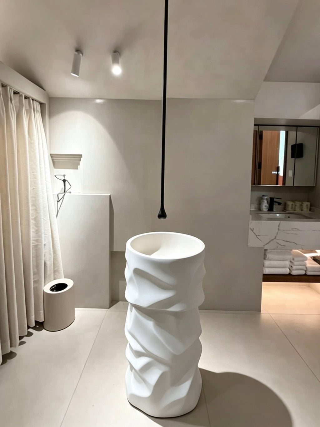 Sculptural Pedestal Sink | Wave Texture White Freestanding Basin