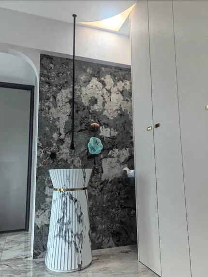 Marble Pedestal Sink | Fluted Gold Ring Hourglass Freestanding Basin